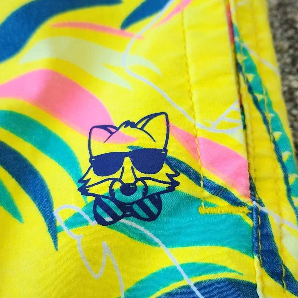 Party Pants Swim Trunks Mens Large Yellow Tropical‎ Palm Print Excellent